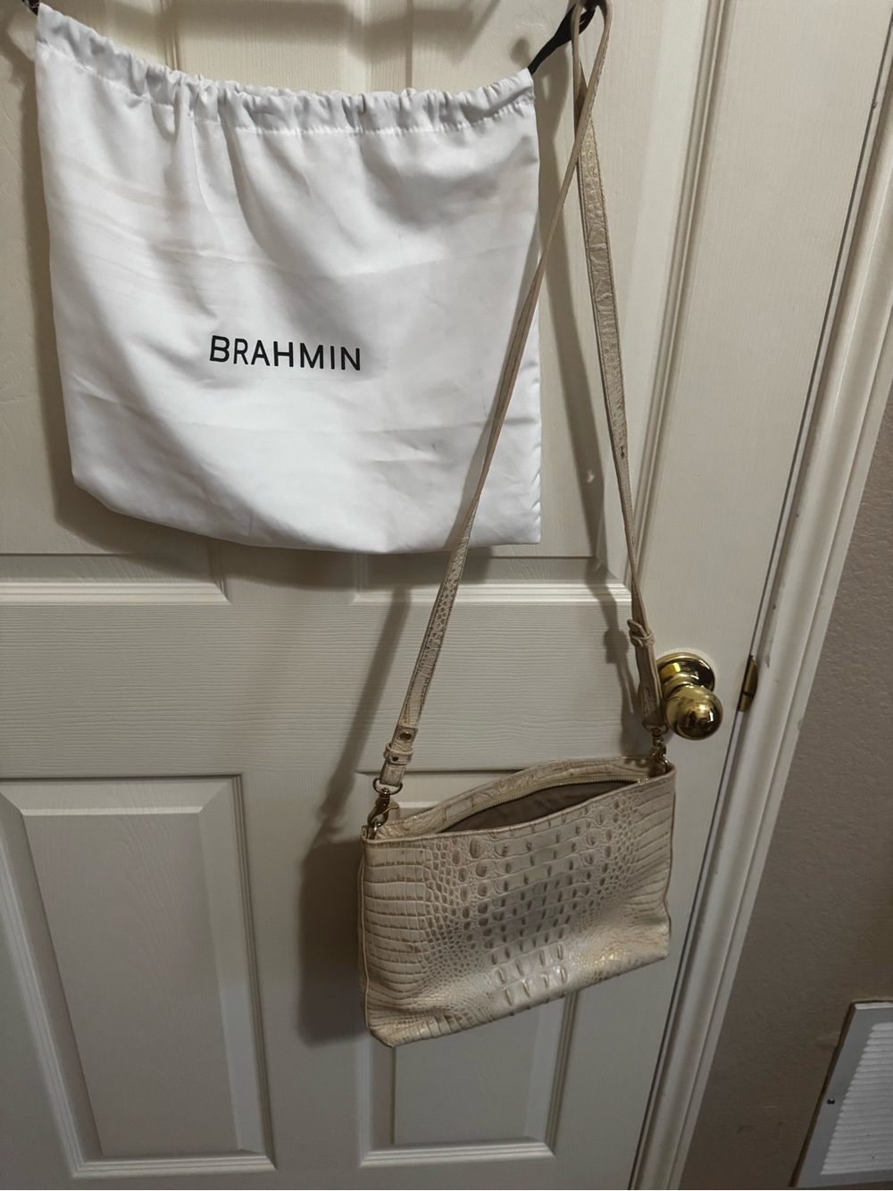 Brahmin Cream Croc-Embossed Leather Crossbody with Gold Accents